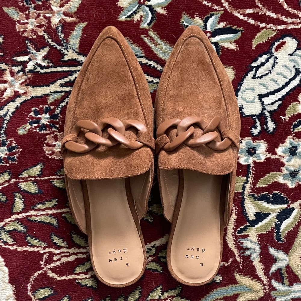 A New Day Brown Suede Chain Mules